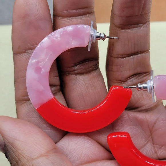 Light Pink & Red Resin Half Moon Earrings - Picture 2 of 3